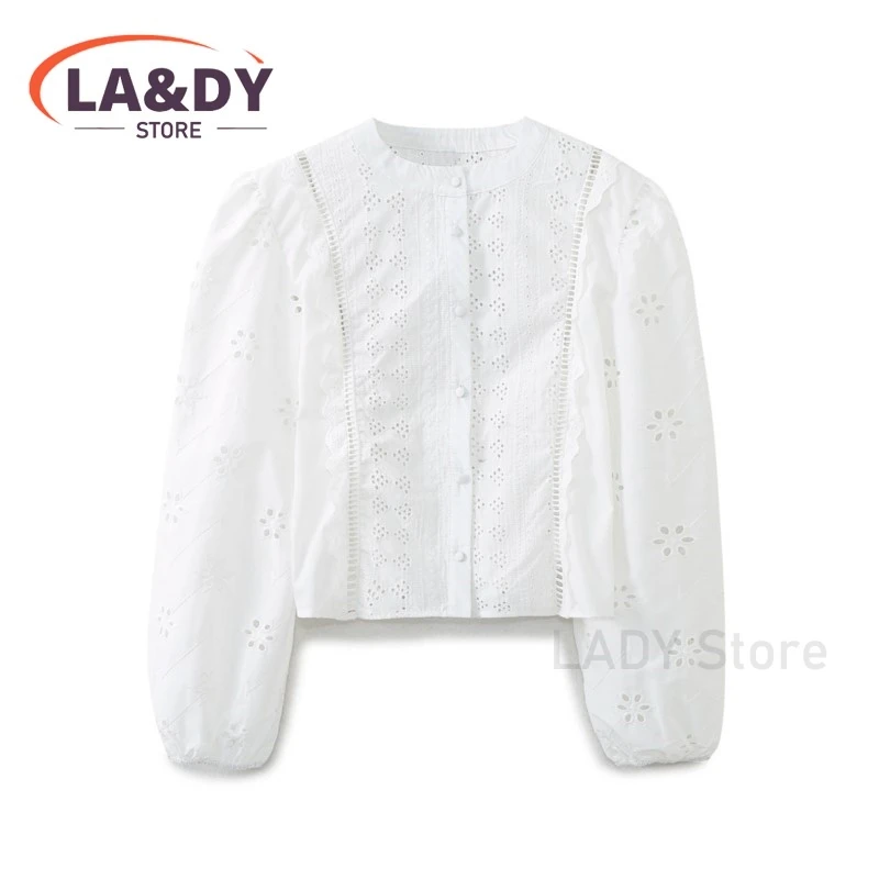 Shirt Women 2024 Spring Summer Fashion Stand Collar Single Breasted Embroidery Female Casual Loose Long Sleeve Blouses Top