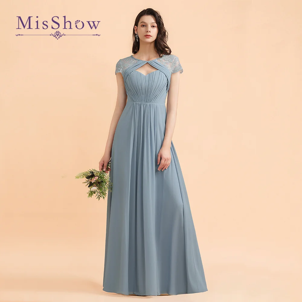 

Elegant Dusty Blue Long Bridesmaid Dresses For Women 2022 Lace Short Sleeves Evening Prom Gowns Robe Demoiselle D Honneur Femme