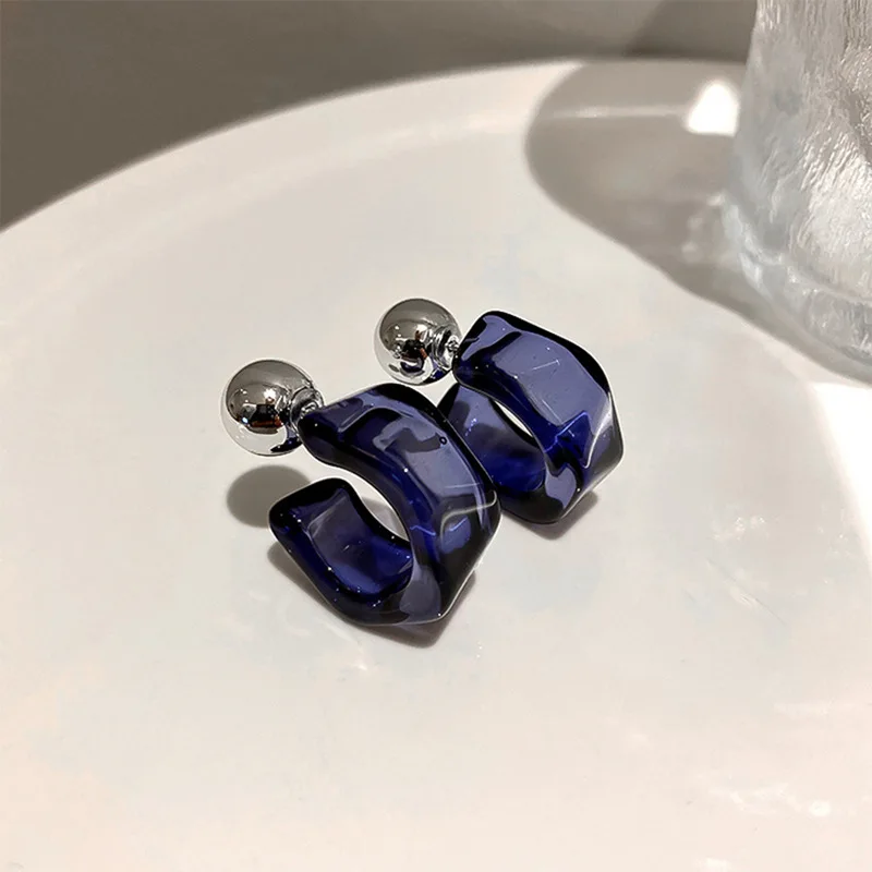 Trendy Acrylic C Shape Earrings for Women Metal Bean Double Layer Drop Earrings Party Unique Design Geometry Jewelry White Blue