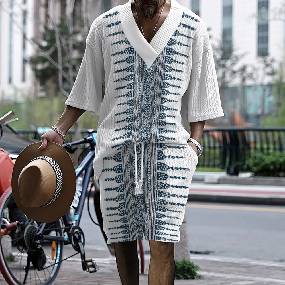 

Повседневный модный мужской костюм, Новинка лета 2024, мужская одежда с 3D принтом, свободная футболка с V-образным вырезом и короткими рукавами и шорты, комплект из двух предметов