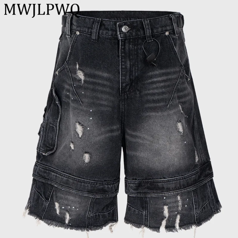 

MWJLPWQ Men's Spring Summer New Tassel Paratrooper Cropped Jeans Unisex Cat Whisers Distressed Deconstructed Shorts Trendy 15830
