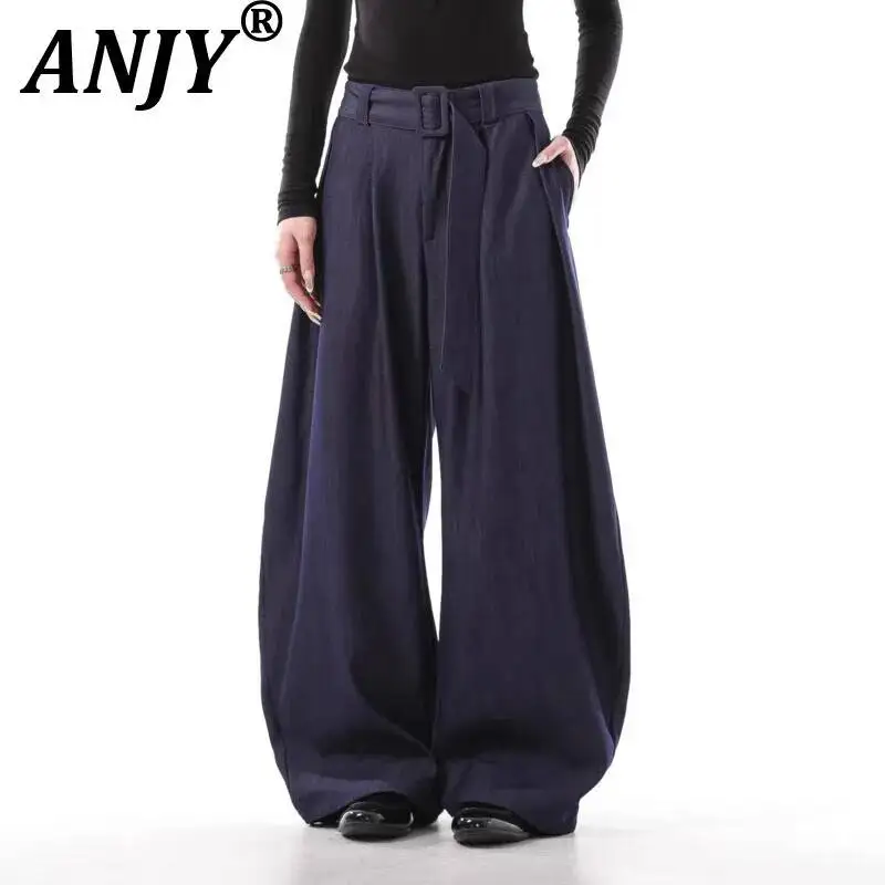 ANJY Spring Summer New Women American Style Retro Design Sashes Wide-leg Pants Loose Casual Trend High Street Ins Bottoms A25839