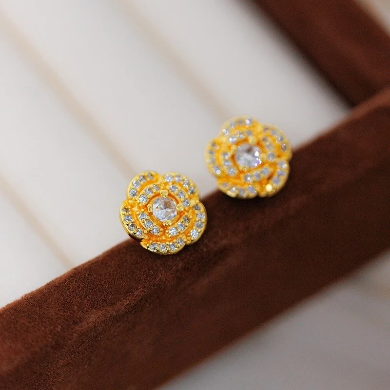 

Genuine 18 K Gold Color Camellia with Zircon Earring for Women Bride Girl Birthday Wedding Engagement Jewelry Gifts