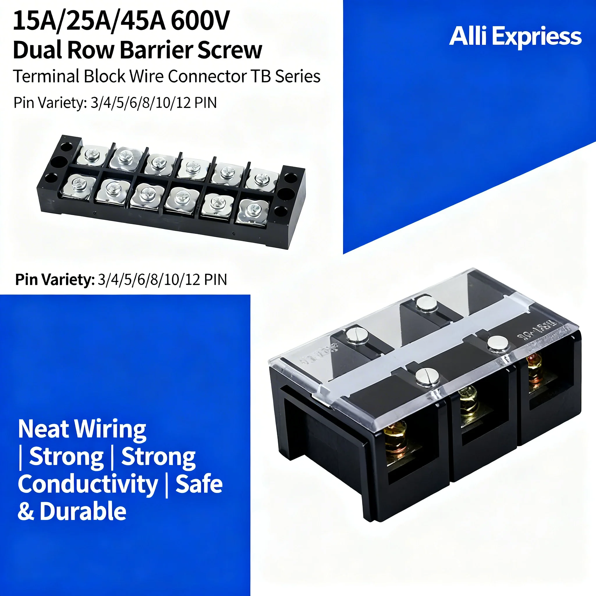 10PCS 15A/25A/45A Dual Row Barrier Screw Terminal Block Wire Connector TB Series 3/4/5/6/8/10/12 PIN Optional TB-1503 TB-2503