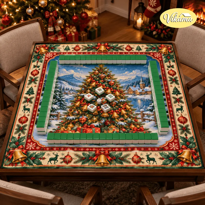 VIKAMA Christmas Mahjong Table Mat, Water-Absorbent, Non-Slip, Retro Snowy Mountain Town Christmas Tree Game Mat, Home Decor