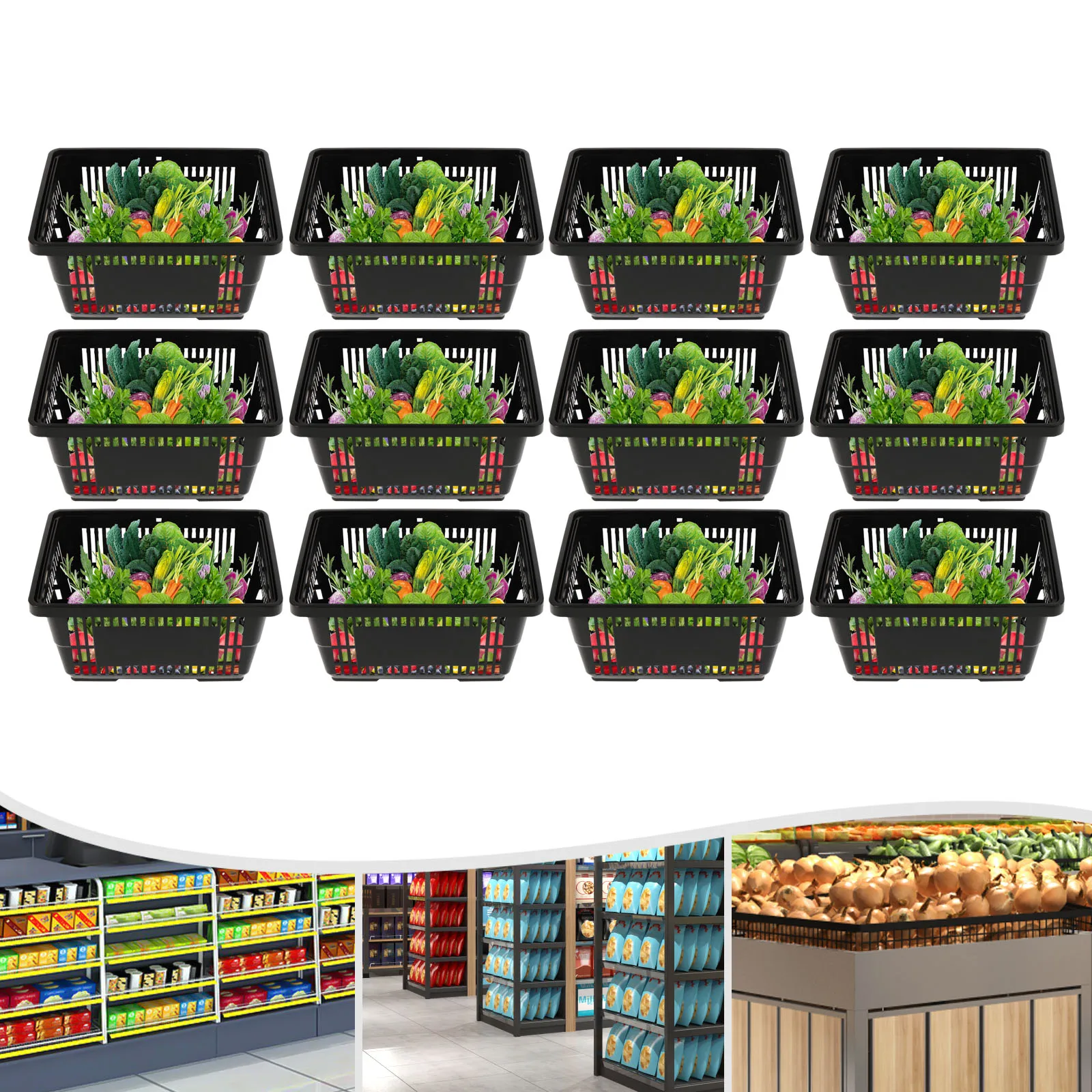 

Black 21L 12Pack 43*23*30cm Shopping Basket Invisible Handle Design Supermarket Shop Basket for Clothes Fruits Toys