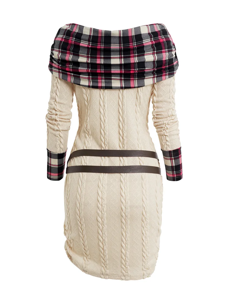 2024 Womens Knitted Dresses Plaid Panel Cable Knit Belted Sweater Dress Cowl Neck Ruched Mini Dress Long Sleeves Fall Dress