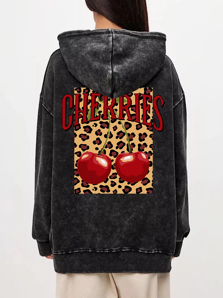 Vintage Womans Acid Wash Hoodies Fashion Leopard And Cherry Prints Pullovers Pocket Oversize Cotton Hooded Autumn Female Tops