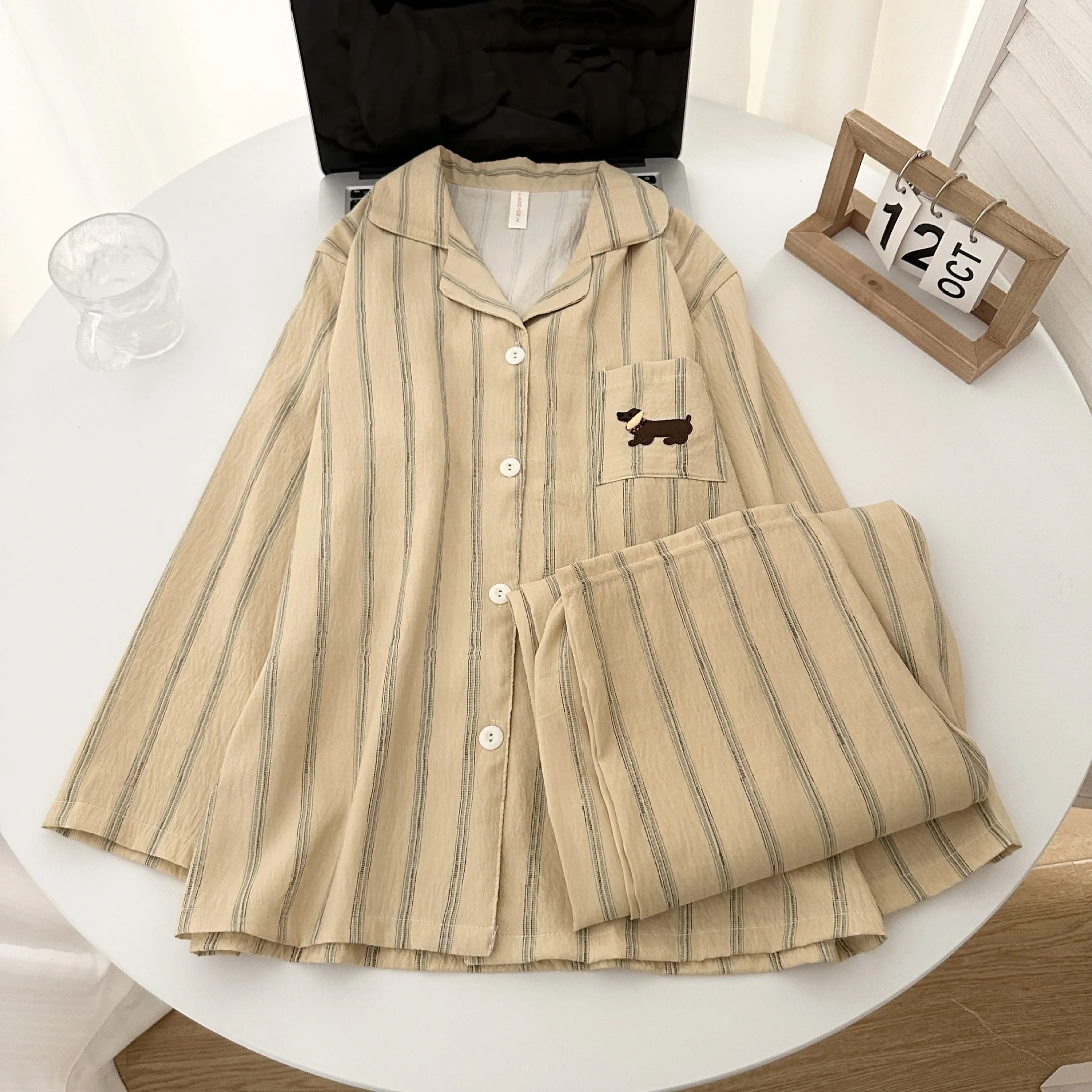 

Korean Style Long Sleeve Dog Print Sleepwear Thin Loose Home Clothes Set for Women Spring Autumn Casual Comfortable Home Suit