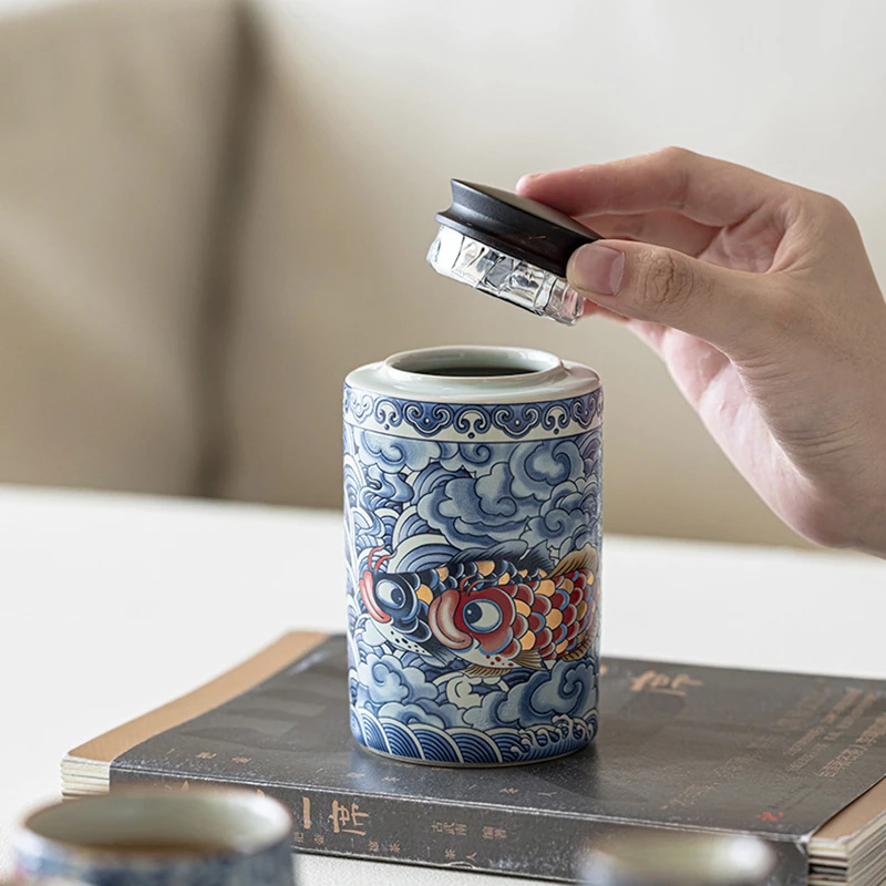 Contenitore per tè creativo in porcellana bianca e blu per la casa, modello di pesce in ceramica, vaso decorativo, scatola multifunzionale per caramelle e noci