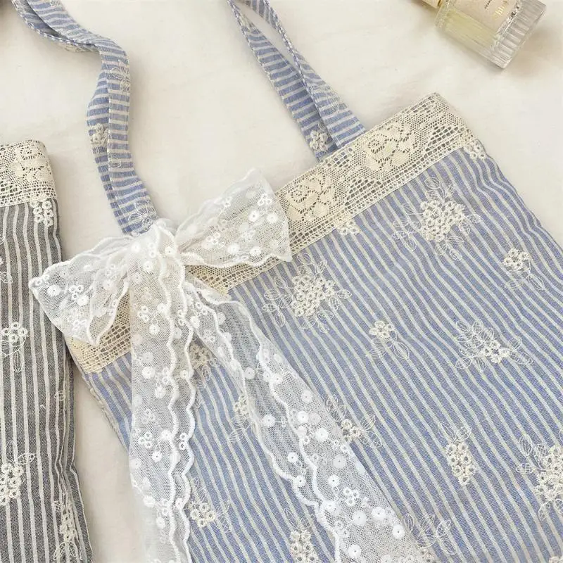Große Tragetasche mit Spitze und Schleife im Koreanischen Stil, Einfache Canvas-Handtasche, Kawaii Stofftasche mit Großer Kapazität für Reisen – Detail 14