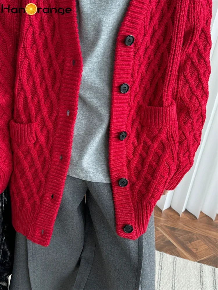 HanOrange 2024 Winter Vintage V-neck Fried Dough Twists Wool Knitted Cardigan Women Soft Waxy Overlay Sweater Top Apricot/Red