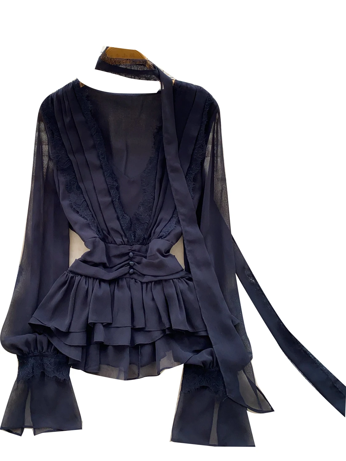 French Sle Loose Fit V-Ne Lace Trim Bluse Damen Herbst Long Sve Chiffon Irt Ne Hanging Bell Bot Eath Top