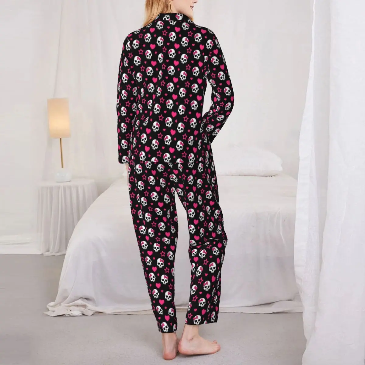 Pajamas Woman Sugar Skull Print Night Sleepwear Stars And Hearts 2 Pieces Loose Pajama Set Long-Sleeve Oversized Home Suit