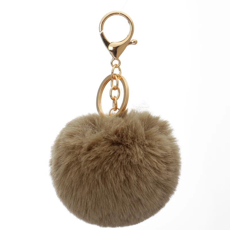 8cm  Fake Fur Brand Bag Fluffy  Pompns Keychain Pom Pom Car Keyring Gold Color Chains pompons Fake Rex Rabbit Fur Charms Chain