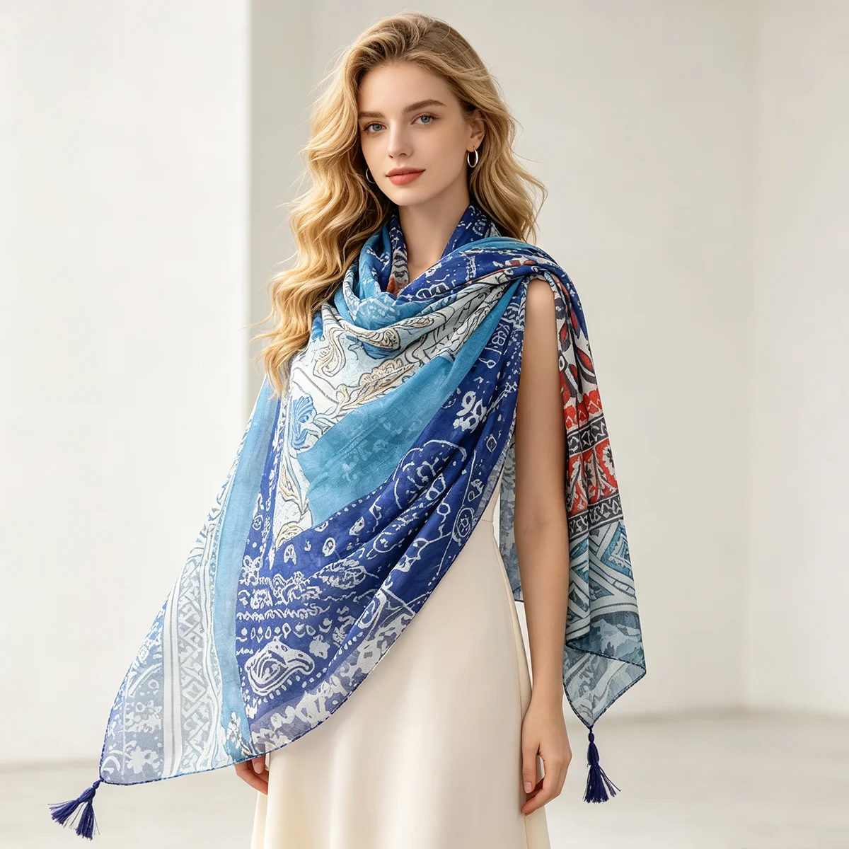 Women Vintage Ethnic Patchwork Tassel Scarf Blue Floral Geometric Print Lightweight Fashion Shawl Wrap Scarves 88x180cm