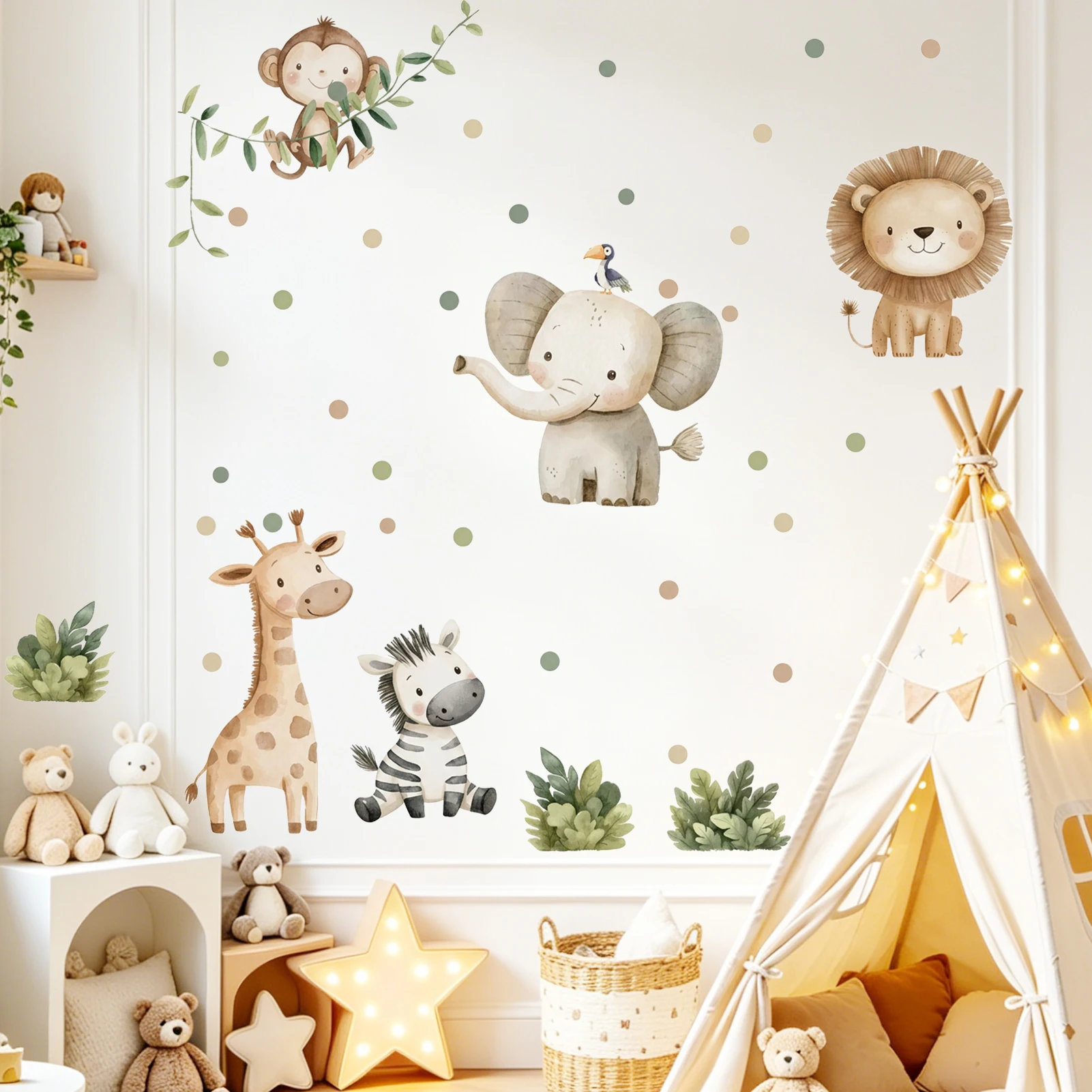 Boho Watercolor Jungle Wall Sticker Vinyl Decal with Wild Animals - Lion Giraffe Elephant Zebra and Green Foliage for Home Decor