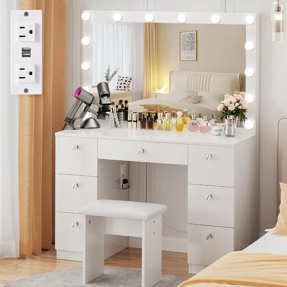 vanity with lighted mirror - makeup vanity desk with power outlet and 7 drawers, 3 color lighting modes adjustable brightness,