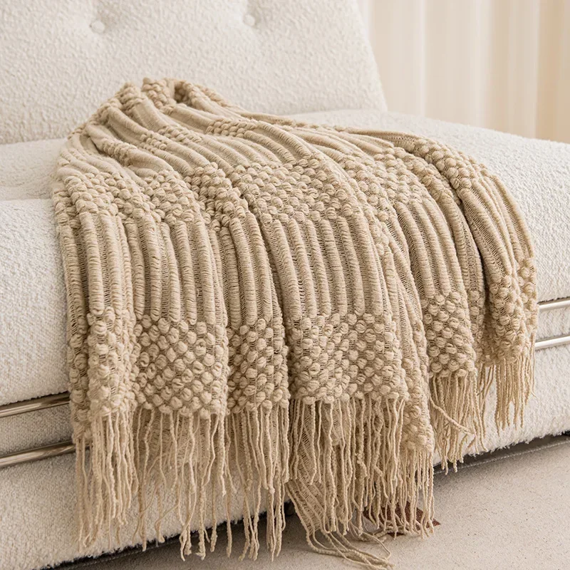 Khaki Gift Knitted Blanket with Tassels Chunky Vintage Luxury Farmhouse Throw Bedspread Oversized Blanket Cover Manta Para Sofa