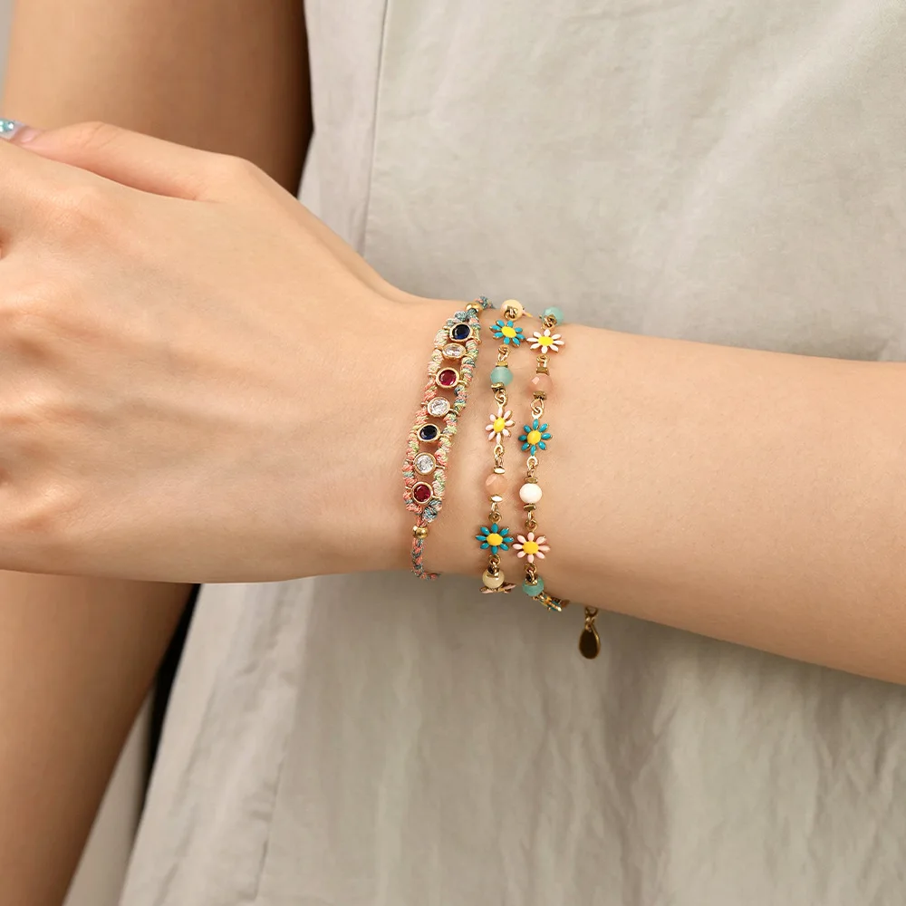 Pink Green Soft Contrast Color Handwoven Texture Bracelet, Vintage Colorful Zircon Niche Vacation Style Adjustable Rope Bracelet