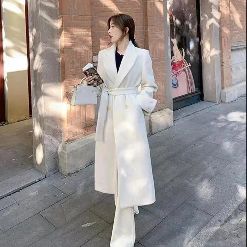 2024 Autumn Winter New Wool Waist Closing Design Coat Women\'s Knee High Sense Temperament Medium And Long Wool Coat