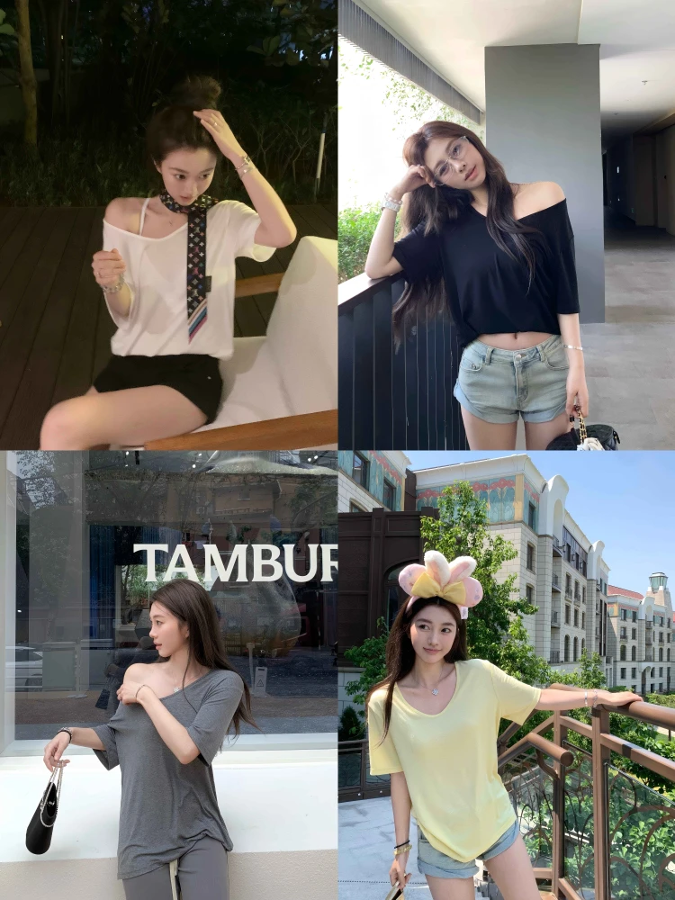 

Lightweight Silk Mousse Skin T Women's T-irt U-Ne Slimming Summer Commute Sle Pure Color Loose Fit Sweat ng