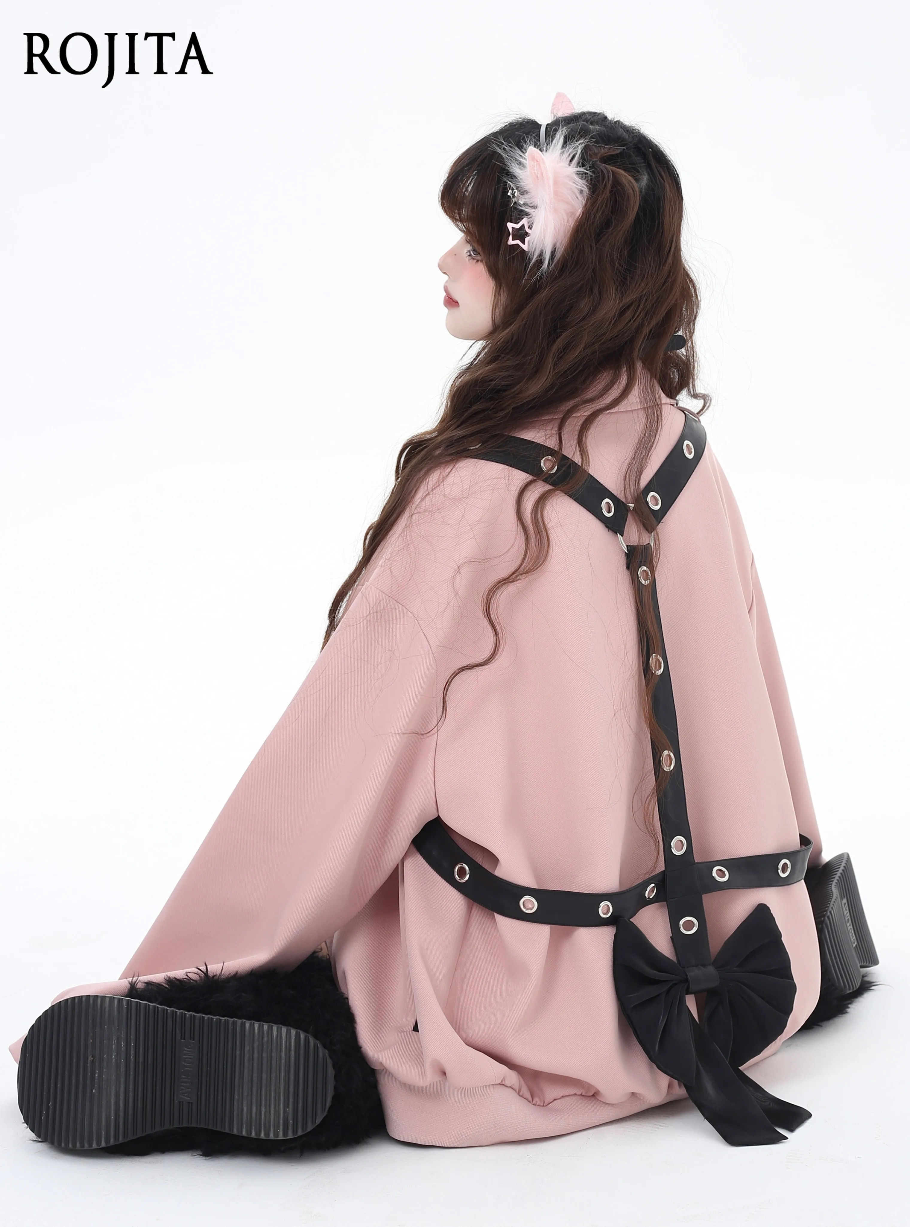 

Subculture Baseball Jacket Sweet Girl Original Cool Bowknot Design Strap Jacket Spring Autumn Loose Mid-length Pink Coat
