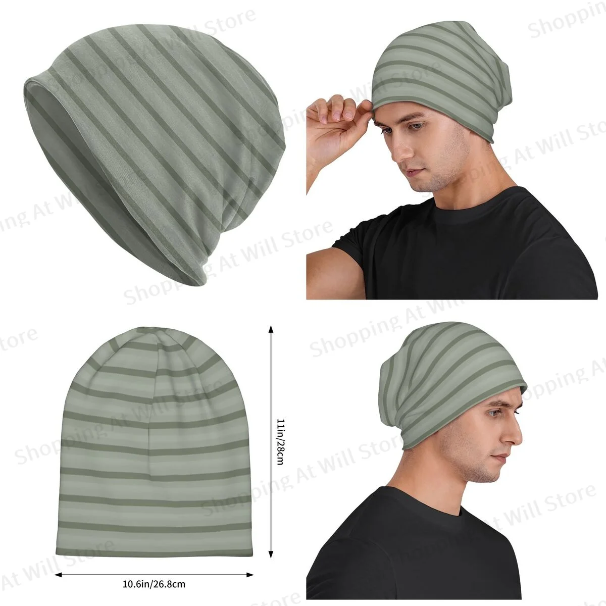 Shades Of Green Wide Horizontal Stripe Unisex winter Warm Brimless Urinal Hat Abstract Art Knitted Hat For Men And Women