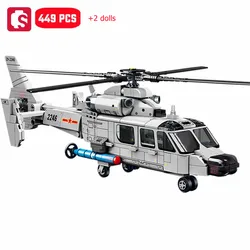 SEMBO 449pcs Z-9 Shipborne Helicopter Assemblage Building Blocks MOC Armed Aircraft Fighter Soldiers Models Kids Toys Boys Gifts