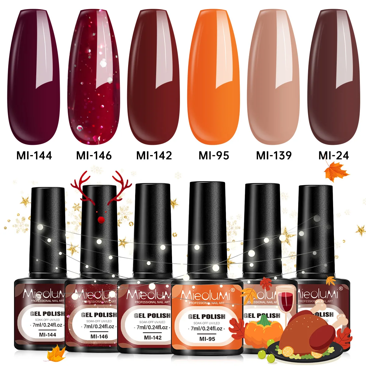 6PCS Fall Maple Tone Gel Nail Set, Autumn Orange/Brown/Red/Glitter UV Nail Gel, 28+ Days Gloss Long Lasting, DIY Manicure Kit fo