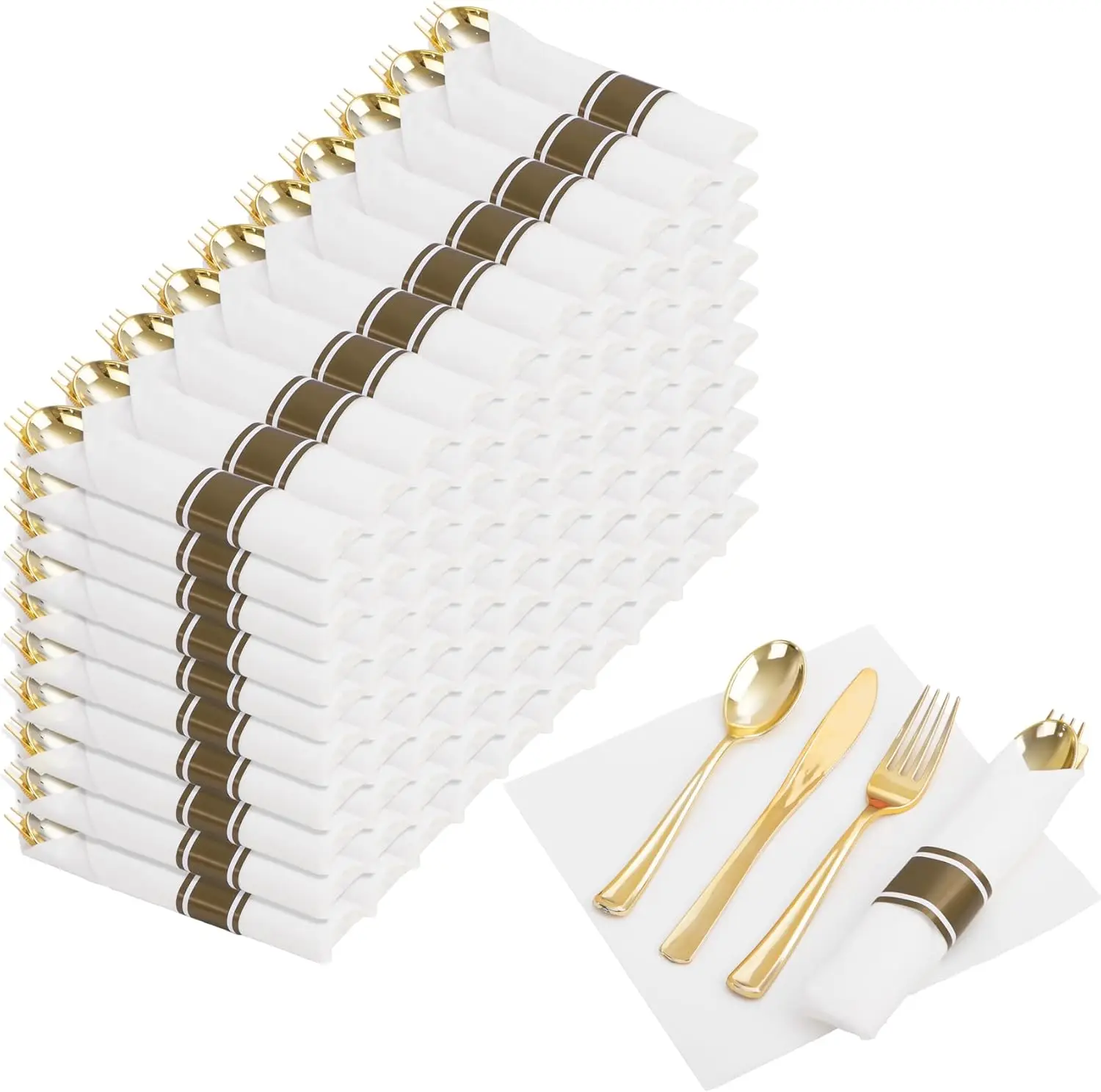 

400PCS Pre Rolled Gold Plastic Silverware Sets - Heavy Duty Gold Cutlery - Include 100 Pack Wrapped Disposable Utensils