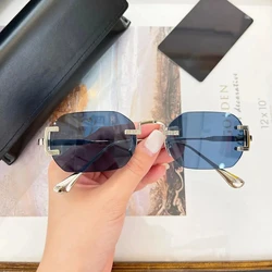 Original Luxury Design Silver Frame Dark Blue Lenses Men Eyewear High Quality UV400 Rimless AMARU Women Unisex Sun Glasses John