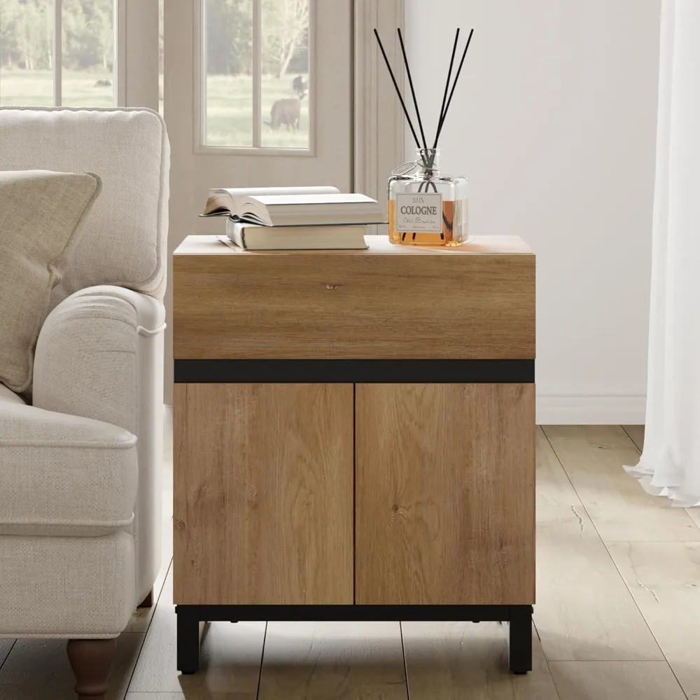 طاولة نهاية على طراز المزرعة الريفية مع درج وخزانة تخزين، تتميز ببابين مفتوحتين #3