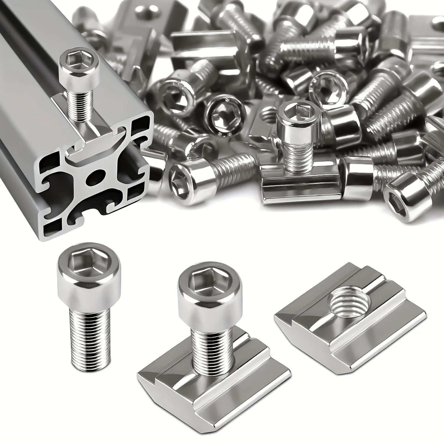 50/100-Piece Kensbro Stainless Steel M8 T-Slot Nut Set Sliding T-Nut And Bolt Kit Polished Plain Finish Socket Head Partially Th