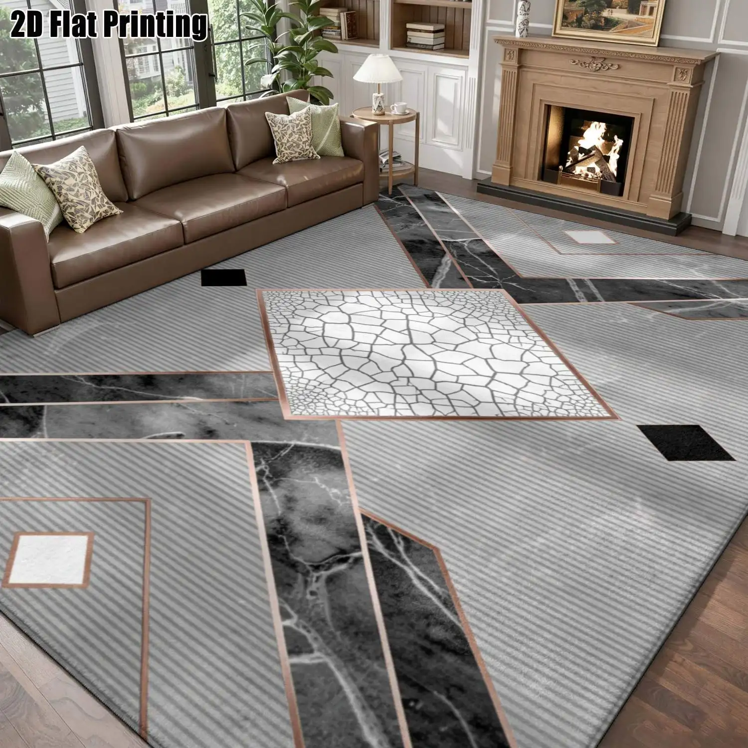 1Pc 2D Printed Gray-Black Geometric Crackle Carpet, Modern Simple Style, Suitable for Multi-Scene Decor, Machine Washable, Multiple Sizes