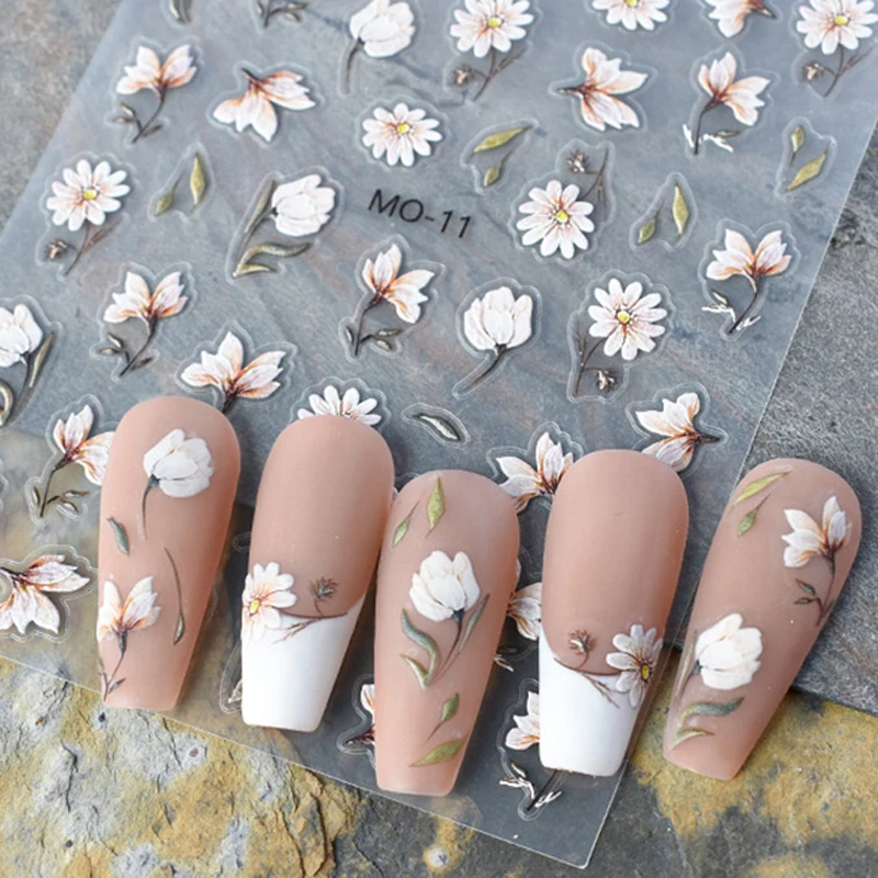 

5D Embossed Nail Art Decals Retro Hand Sketching Flowers Adhesive Sliders Nails Stickers Decorations For Manicure