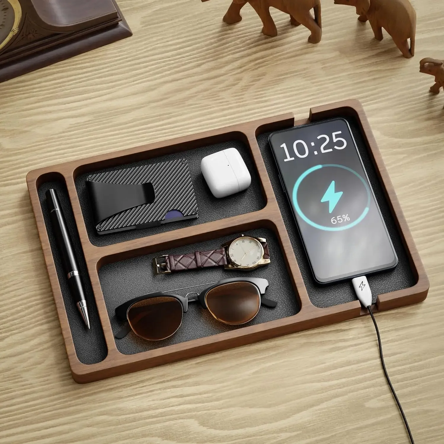 

Wooden Valet Tray Organizer-Non-Waterproof Rectangular Multi-Purpose Gentleman'S Caddy with Leather Lining