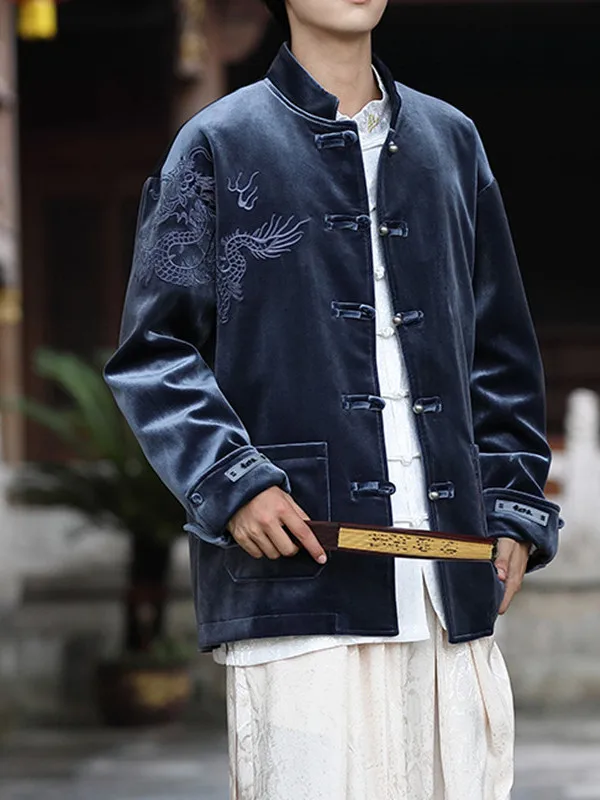

Retro Sle Embroidered Jaet Casual Hanfu Outerwear Youth Long Sve Velvet Thiened Autumn Winter Men's Clothing
