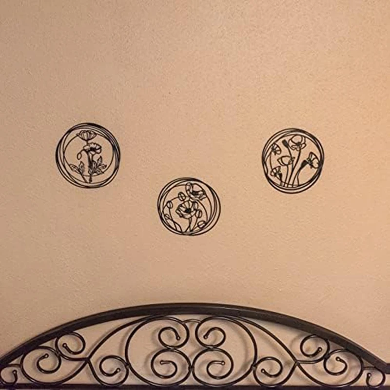 معدن زهرة جدار ديكور مجموعة من 3 ، أسود الأزهار الفن ، فوق السرير ديكور ، الحديثة الجدار الشنق النحت لغرفة ، دائم