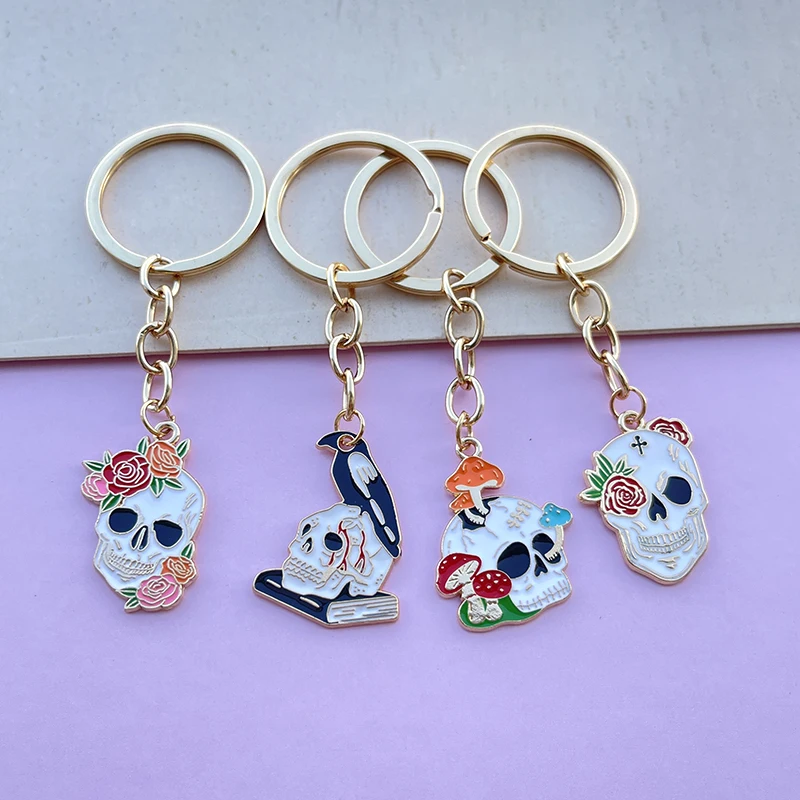 Cretive Rose Skull Alloy Keychain Bag Car Key Headphone Pendants Accessorie Skeleton Keyrings Women Jewelry Party Halloween Gift