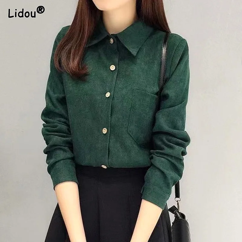 Fashion Trends Women Clothing Shirt Tops Polo Collar Skinny Corduroy Regular Solid Color Comfortable Pocket Popularity Button