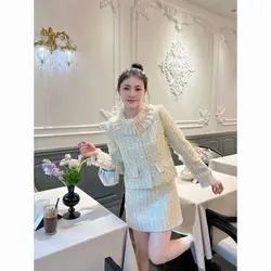 Rich Lady Style Elegant Two-Piece Tweed Set for Women Feamle: Autumn and Winter New Fashionable Coat and Skirt High Quality