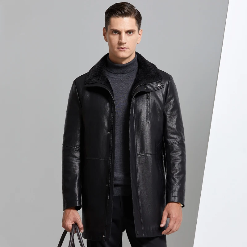 YN-8819 Fur Integrated Men's Leather Jacket Mid-length Thickened Natural Sheepskin Lapel Home Casual Jacket Factory Direct Sales