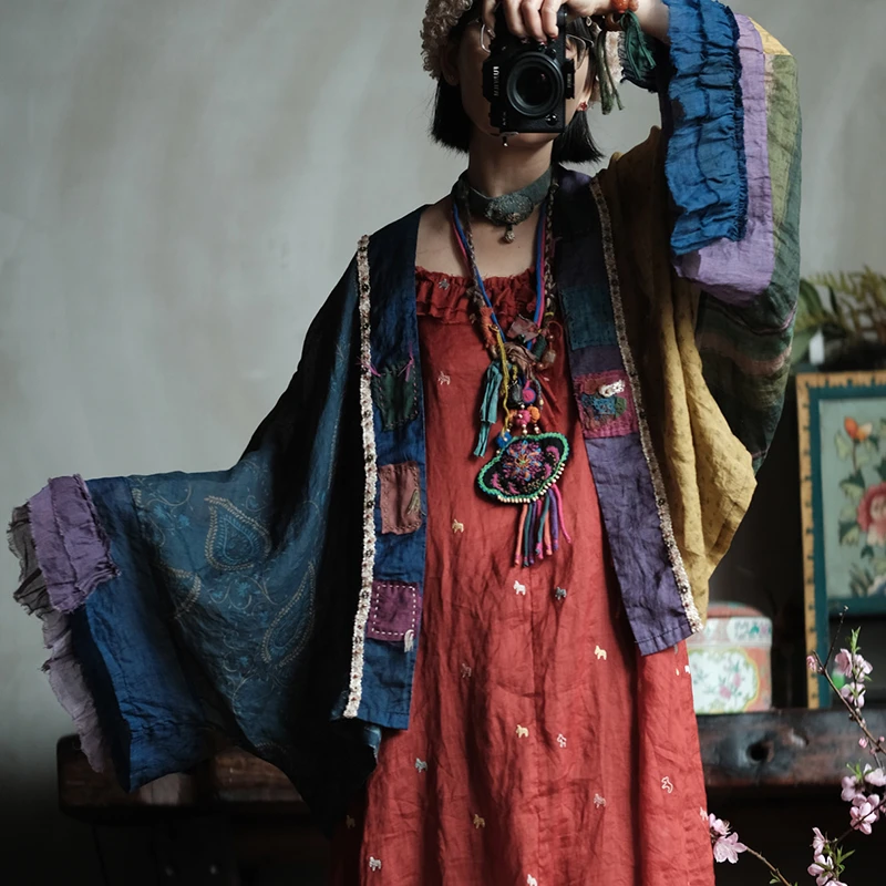 

100% Ramie Women Batwing Sleeve Casual Shirt New 2026 Spring Vintage Style Patchwork Color Oversized Female Tops Shirts M2515