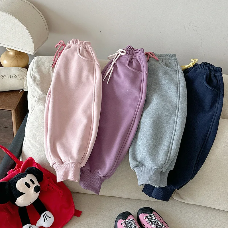 

Fleece-lined Pants Autumn Winter Thickened Polar Fleece Pants Grils Boys Children Sweatpants New Warm Solid Sweet