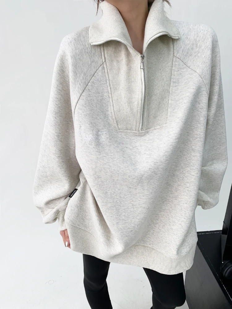 Loose Turn-down Collar Zippers Women Sweatshirts Autumn Casual Long Sleeve Oversized Loose Female Pullovers Jumpers Top