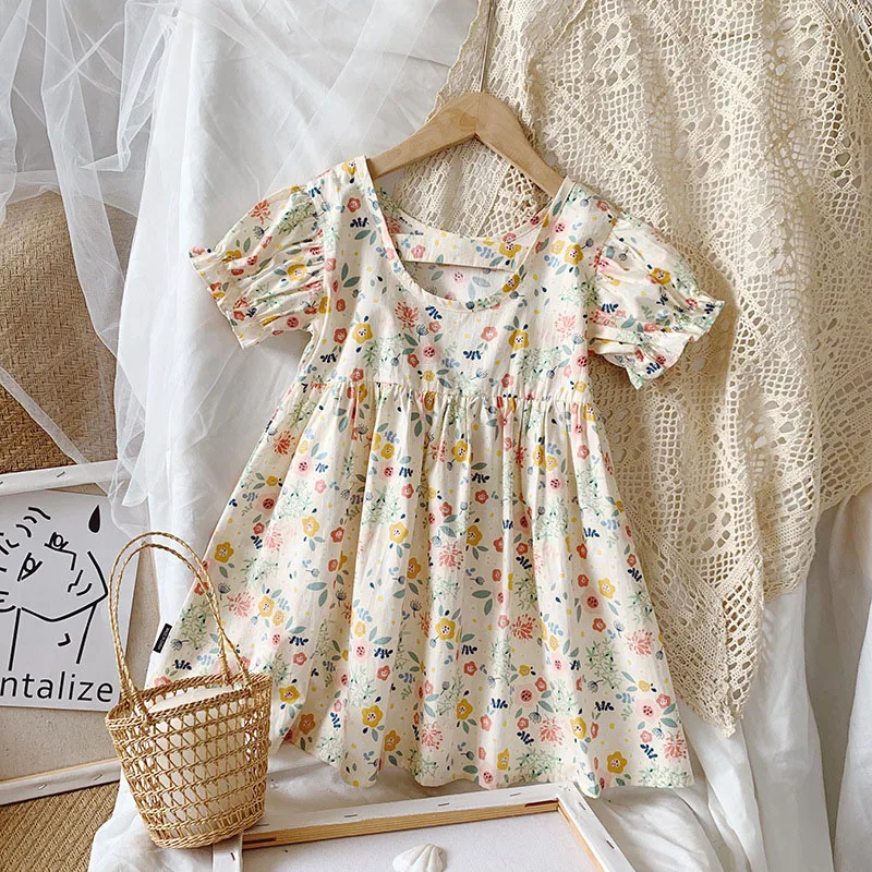 

2025 Summer New Fashion Elegant O-neck Puff Sleeve Floral Print Princess Birthday A-line Dress Vestidos 1-6Y Baby Girls Dresses