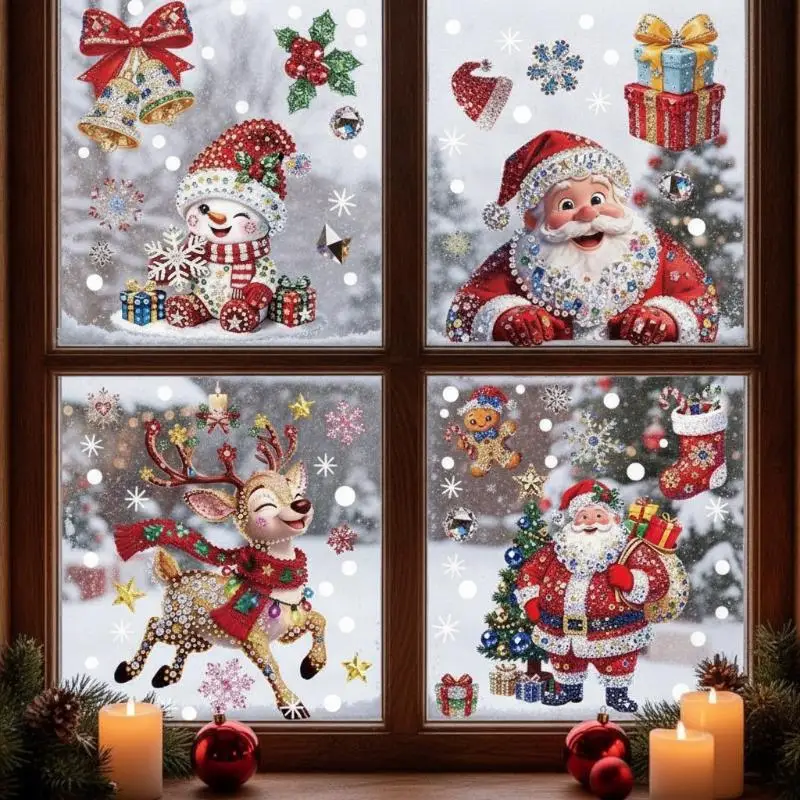 Christmas Window Glass Stickers Sparkly Snowman Santa Elf Child Safe for Home Kindergarten Mall Xmas Decor