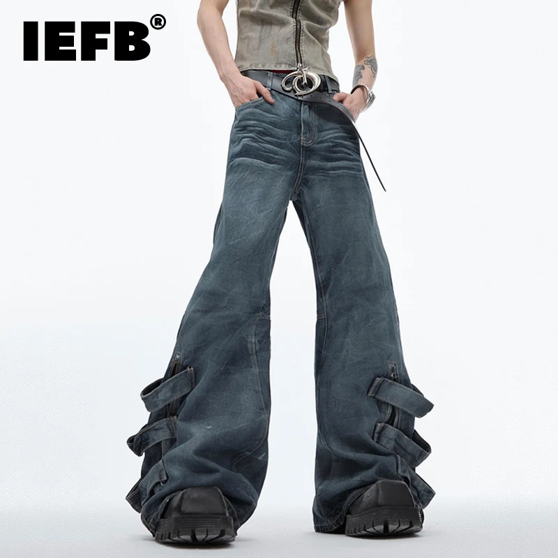 IEFB Vintage Worn-out Men\'s Jeans Lace-up Design Wrinkled Denim Pants Corrugated Loose Slacks Personalized Male Trousers 24E1175