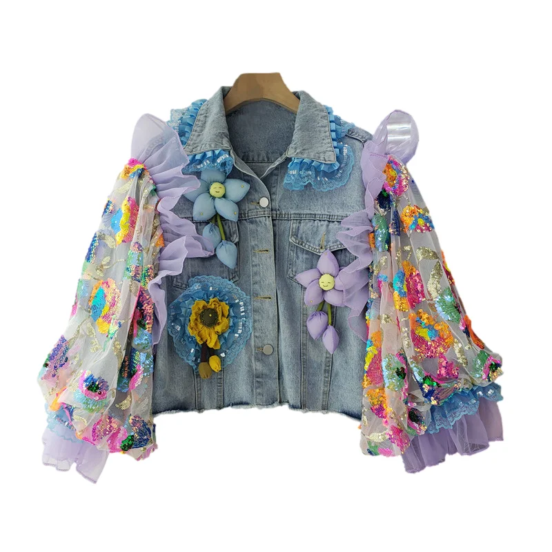 Streetwear Ruffles Splicing Hollow Out Sequins Mesh Sleeve Denim Jacket Women Cowboy Outerwear Loose Short Jeans Jacket Female